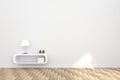 3D Rendering : illustration of cozy living-room interior with white book shelf against matt white wall and wooden floor. Royalty Free Stock Photo