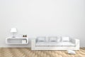 3D Rendering : illustration of cozy living-room interior with white book shelf and white sofa furniture against matt white wall