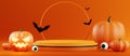 3d rendering illustration design for halloween banner with pumpkin,crucifix, skull, candle, candy, givebox ,grave on background Royalty Free Stock Photo