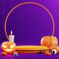 3d rendering illustration design for halloween banner with pumpkin,crucifix, skull, candle, candy, givebox ,grave on background Royalty Free Stock Photo