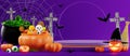 3d rendering illustration design for halloween banner with pumpkin,crucifix, skull, candle, candy, givebox ,grave on background Royalty Free Stock Photo