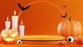 3d rendering illustration design for halloween banner with pumpkin,crucifix, skull, candle, candy, givebox ,grave on background Royalty Free Stock Photo