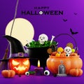 3d rendering illustration design for halloween banner with pumpkin,crucifix, skull, candle, candy, givebox ,grave on background Royalty Free Stock Photo