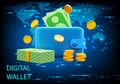 3D rendering illustration of a digital wallet with money and coins on blue background, concept digital wallet Online payment