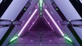 3D rendering illustration with futuristic sci-fi techno lights creating a triangular shaped tunnel