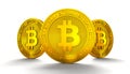 3d Rendering illustration of 3 Golden Bitcoin Coins Isolated on White Background. One on the Front and 2 at the Backside