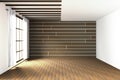 3D rendering : illustration of large spacious room.natural sun light from glass windows.Empty Room Interior in wooden wall Royalty Free Stock Photo