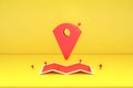 3D rendering : Illustration of Locator mark of map and location pin or navigation icon sign on paper map. Yellow background. navig