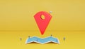 3D rendering : Illustration of Locator mark of map and location pin or navigation icon sign on paper map. Yellow background. navig