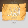 3d rendering illustration of the meaning and explanation of Al-Ahad Allah Name on an old paper