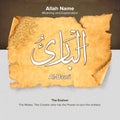 3d rendering illustration of the meaning and explanation of Al-Baari Allah Name on an old paper Royalty Free Stock Photo