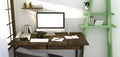3D Rendering : illustration of modern creative workplace mockup.PC monitor on wooden table.translucent curtain and glass window w Royalty Free Stock Photo
