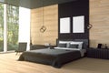 3D rendering : illustration of modern wooden house interior.bed room part of house.Spacious bedroom in wood style Royalty Free Stock Photo