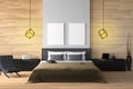 3D rendering : illustration of modern wooden house interior.bed room part of house.Spacious bedroom in wood style Royalty Free Stock Photo