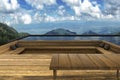 3D rendering : illustration of modern wooden resort or home at outdoor rest zone with beautiful view on the top of mountain Royalty Free Stock Photo