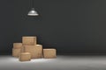 3D rendering : illustration of moving boxes at a new office.new home.Interior moving house with cardboard boxes.