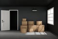 3D rendering : illustration of moving boxes at a new office.new home.Interior moving house with cardboard boxes.light from outside