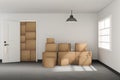 3D rendering : illustration of moving boxes at a new office.new home.Interior moving house with cardboard boxes.light from outside