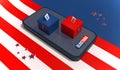 Online Election Counting Concept On Smartphone App With Red And Blue Locked Ballot Box And Vote Text, Republican And Democratic