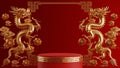 3d rendering illustration of podium round stage podium and paper art chinese new year, chinese festivals, mid autumn festival , Royalty Free Stock Photo