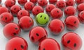 3D rendering illustration of red balls with sad emotions and a green happy one on a white surface