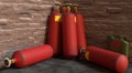 3D rendering illustration. Red containers or cylinders of liquefied natural gas. Fuel industry production concept