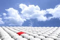 3D Rendering : illustration of Red umbrella among the crowd of many white umbrellas against blue sky and clouds.Business leader