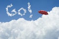 3D rendering : illustration of Red umbrella floating above against blue sky and clouds.with text Go.go to the future