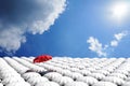 3D Rendering : illustration of Red umbrella floating above from the crowd of many white umbrellas against blue sky and clouds