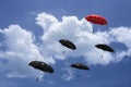 3D Rendering : illustration of Red umbrella floating above on many black umbrellas against blue sky and clouds. Business, leader