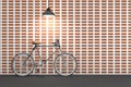 3D rendering : illustration of retro bicycle and vintage lamp hanging on the roof against of the red brick wall.background. Royalty Free Stock Photo
