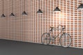 3D rendering : illustration of retro bicycle and vintage lamp hanging on the roof against of the red brick