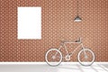 3D rendering : illustration of retro vintage bicycle and vintage metal lamp hanging on the roof against of the red brick wall Royalty Free Stock Photo