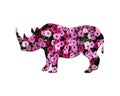 3d rendering illustration of a rhino composed out of purple and pink flowers on a white background