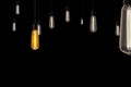 3d rendering illustration .Set of realistic edison light bulb.Vintage electric lamps glowing light bulbs isolated on black .