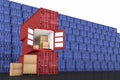 3D rendering : illustration of stacked red container with cardboard boxes inside the container against blue container wall Royalty Free Stock Photo