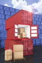 3D rendering : illustration of stacked red container with cardboard boxes inside the container with blue container wall Royalty Free Stock Photo