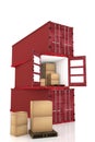 3D rendering : illustration of stacked of three red container with cardboard boxes inside the container.business export import Royalty Free Stock Photo