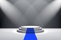 3D Rendering : illustration of stage with blue carpet for awards ceremony. White round podium.First place.3 steps empty podium Royalty Free Stock Photo