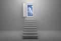 3D Rendering : illustration of stair or steps up to the sky in a door against white wall and floor,Opened door to blue sky Royalty Free Stock Photo