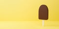 3d rendering illustration of stick dark brown chocolate ice cream on dessert yellow background abstract. Frozen food candy bar.