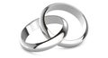 3D rendering illustration of Two white gold or silver wedding rings connected like chain links on an isolated white