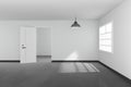 3D rendering : illustration of White interior empty living room design with a vintage lamp hanging.shiny gray floor.sun light Royalty Free Stock Photo