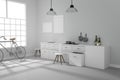 3D rendering : illustration of White interior modern kitchen room design with two vintage lamp hanging. shiny gray floor. sun Royalty Free Stock Photo