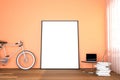 3d rendering : illustration of white mock up frame. hipster background. mock up white poster or picture frame.