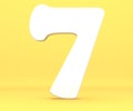 3d rendering illustration. White paper digit alphabet character 7 seven font. Front view number 7 symbol on a yellow background