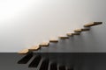3D Rendering : illustration of wooden stair or steps up against white wall background with shiny black floor,success, climb