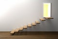 3D Rendering : illustration of wooden stair or steps up to the light shining door against white wall background with wooden floor