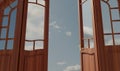 3d rendering illustrations of a open door with a beautiful sky.