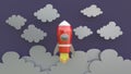 3d rendering, 3d illustrator, Cartoon red spaceship Rising into the sky through the clouds